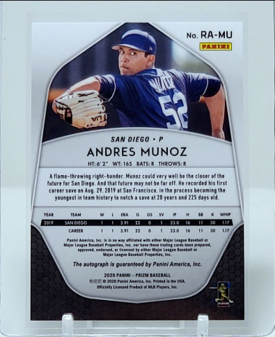 2019 Panini Prizm Andres Munoz Rookie Autograph Card