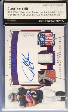 2019 National Treasures Justice Hill ROOKIE NFL SHIELD PATCH AUTO 1/1 MBA AUTH