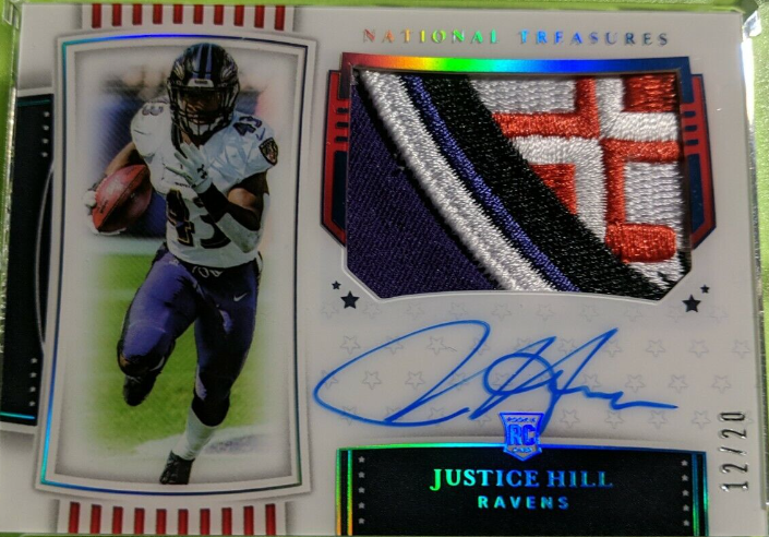 2019 National Treasures Stars And Stripes Justice Hill RC 12/20 Auto 4clr Patch