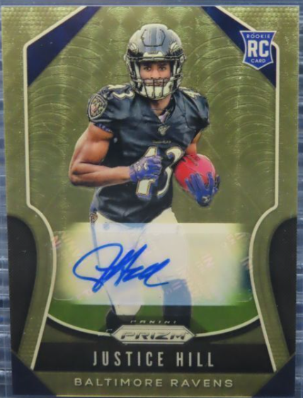 2019 Prizm Justice Hill Gold Vinyl Prizm Rookie Auto Autograph RC #4/5 Ravens