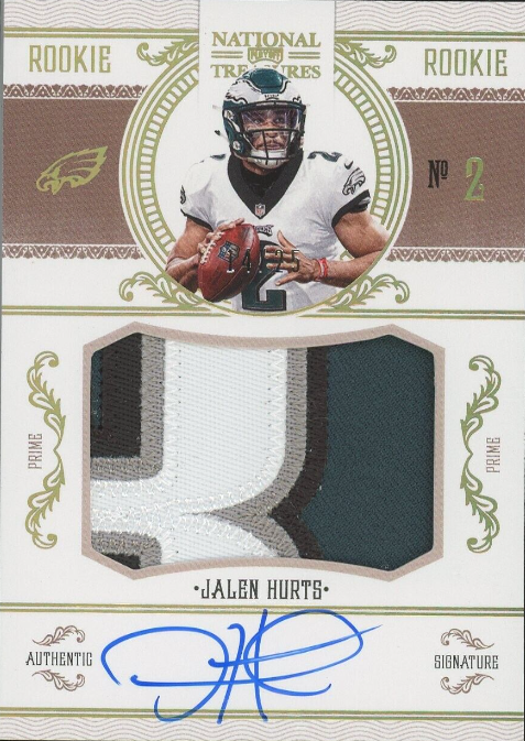 2020 National Treasures Jalen Hurts RPA RC Rookie 4-Color Patch AUTO /25