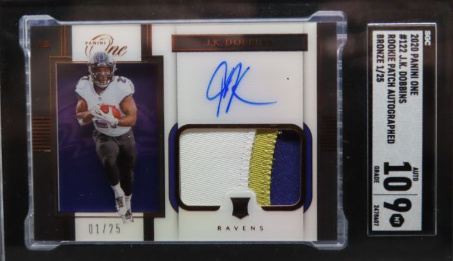 2020 Panini One J.K Dobbins Bronze RC Rookie Patch Auto Autograph #/25 SGC 9/10