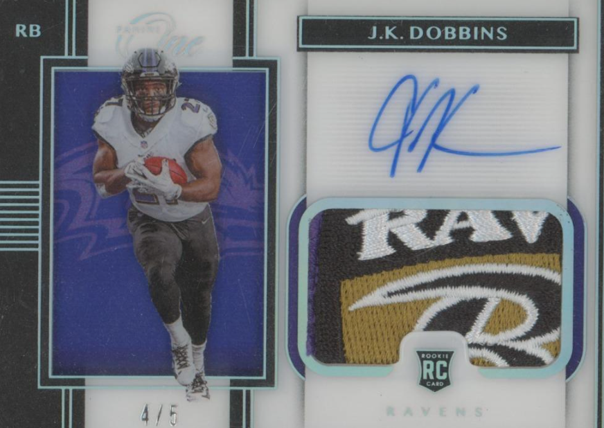 2020 Panini One RPA #122 J.K. Dobbins 4/5 Auto Ravens Patch RC Rookie