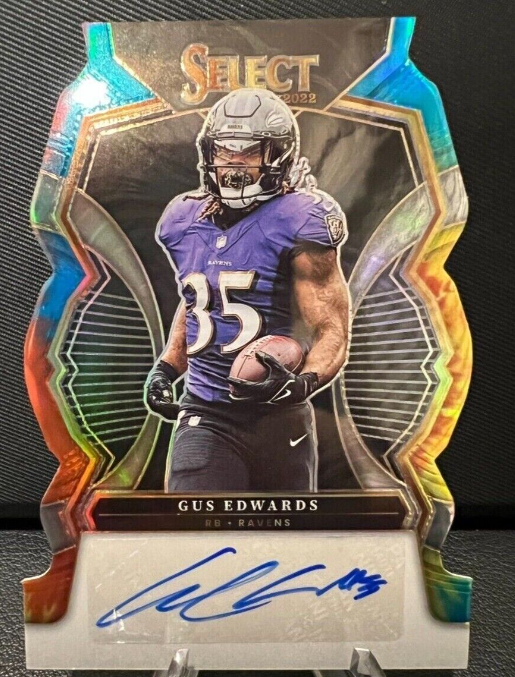 2022 Panini Select Gus Edwards Signatures Auto Tie-Dye Prizm /25 Ravens