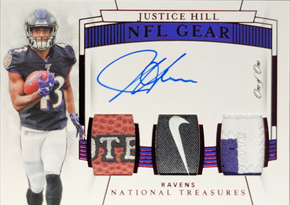 Justice Hill 2019 Panini National Treasures RPA GU NIKE LOGO PATCH AUTO 1/1 RC