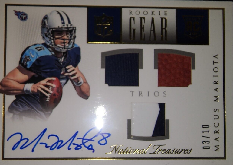 2015 National Treasures Rookie Gear Trios Auto Marcus Mariota #RNG-MM relics