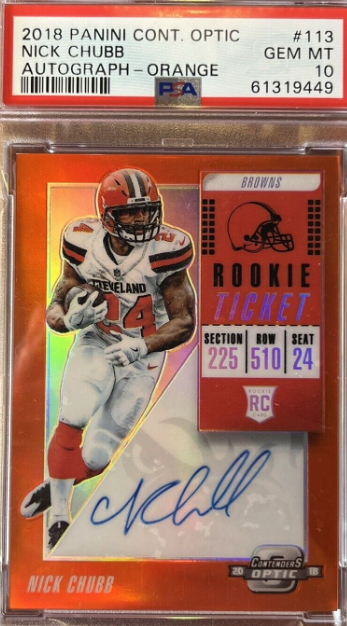 2018 Contenders Optic Nick Chubb RC Rookie Ticket Auto Orange