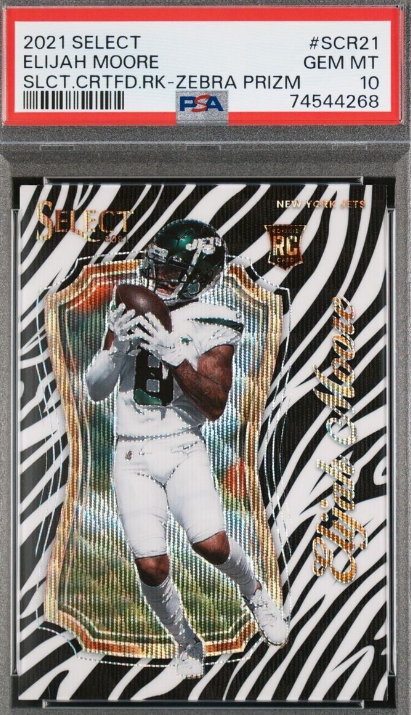 2021 Select Certified Rookie Elijah Moore Zebra Prizm SCR-21, Case Hit