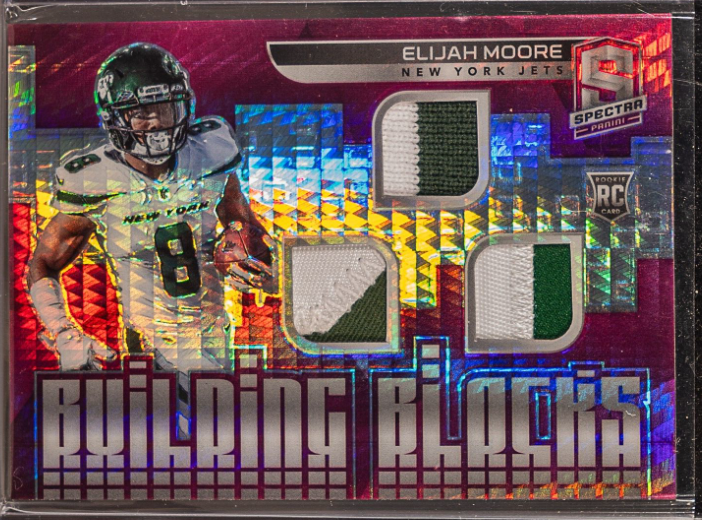 Elijah Moore 2021 Spectra Building Blocks Neon Pink Prizm Triple Patch RC #06/15