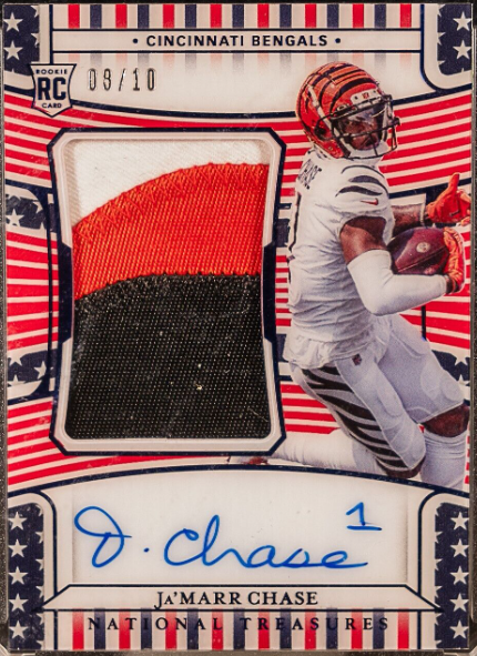 JA'MARR CHASE 2021 National Treasures 162 Stars Stripes Blue RC Patch Auto 9/10