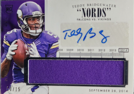 Teddy Bridgewater RC Auto Player-Worn Relic 2014 National Treasures 10/15