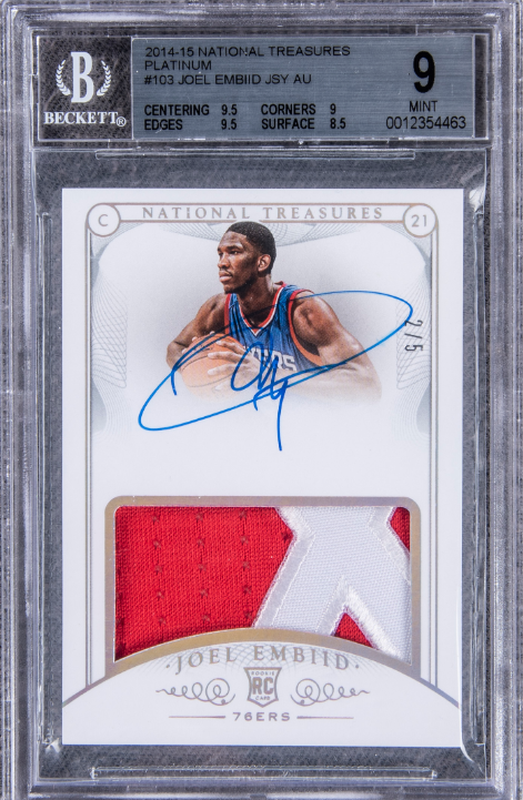 2014-15 Panini Jersey Autograph Platinum #103 Joel Embiid Signed Patch Rookie Card (#2/5)