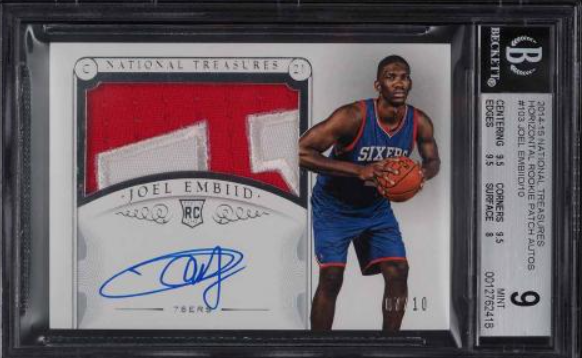 2014 National Treasures Horizontal Joel Embiid ROOKIE PATCH AUTO /10 #103 BGS 9