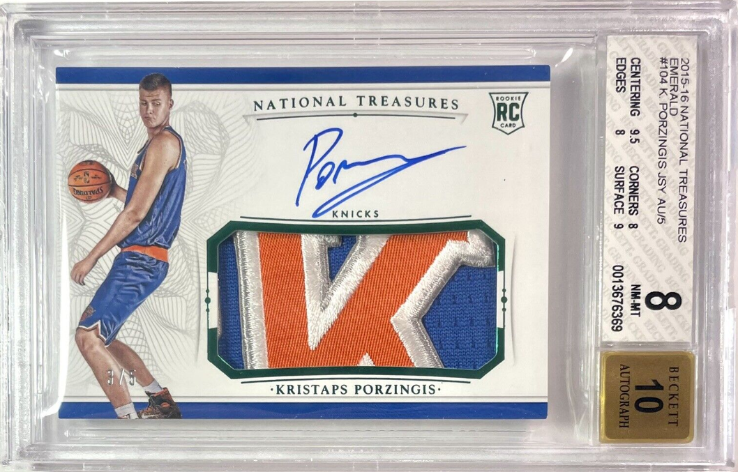 2015-16 National Treasures Kristaps Porzingis Rc Patch Auto Emerald 3/5 (BGS 8)