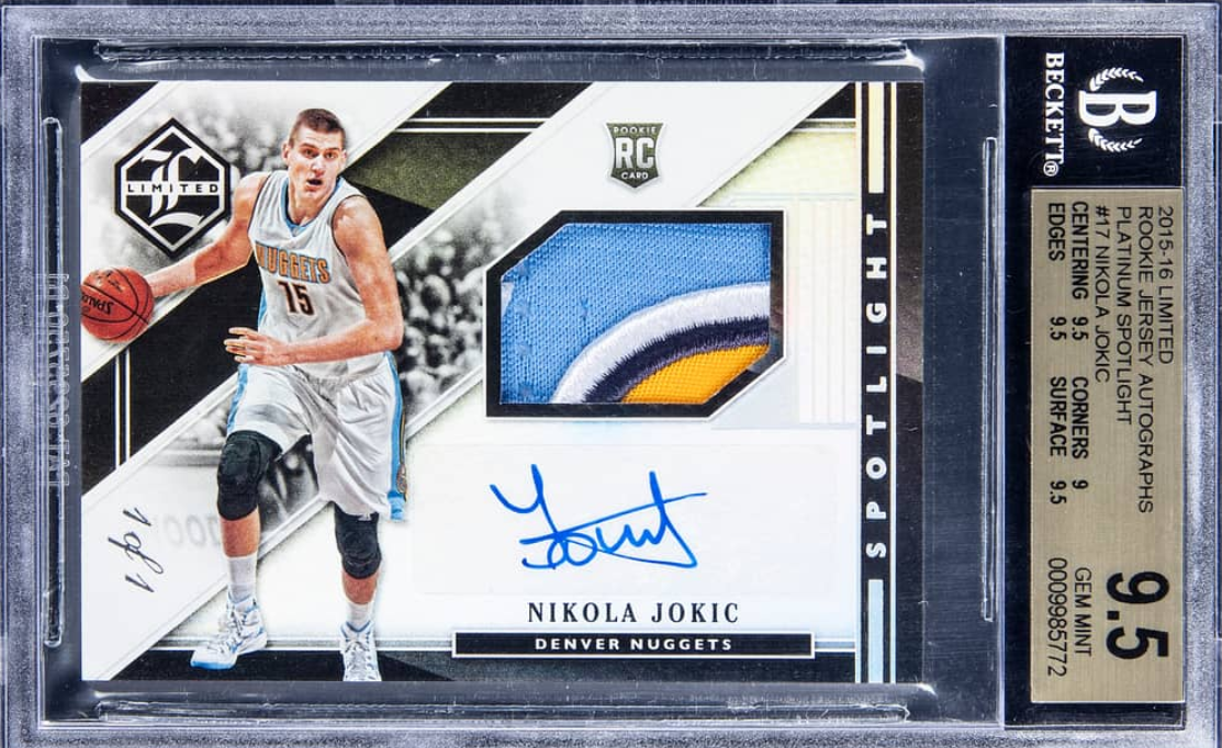 2015-16 Panini Limited Rookie Jersey Autographs Platinum Spotlight Nikola Jokic Signed Patch Rookie Card