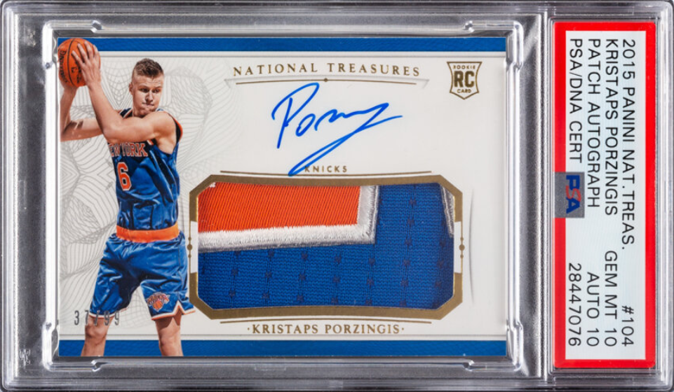 2015 Panini National Treasures Kristaps Porzingis (Rookie Patch Autograph) #104 PSA Gem Mint 10, Auto 10