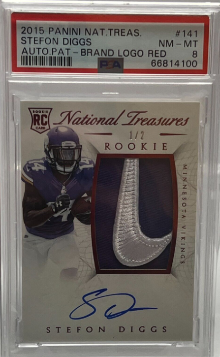 2015 Stefon Diggs National Treasures Rookie Auto & Rookie Worn Patch NIKE PSA 8