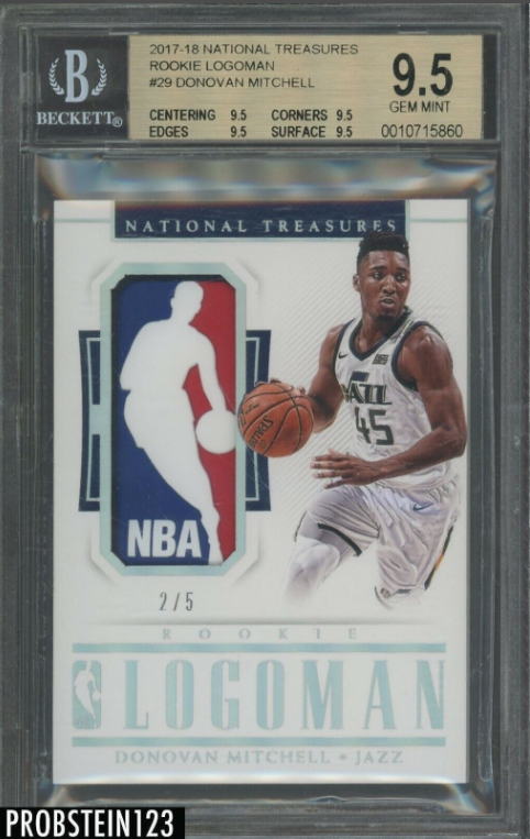 2017-18 National Treasures Donovan Mitchell RC GU NBA LOGOMAN Patch 2/5 BGS 9.5