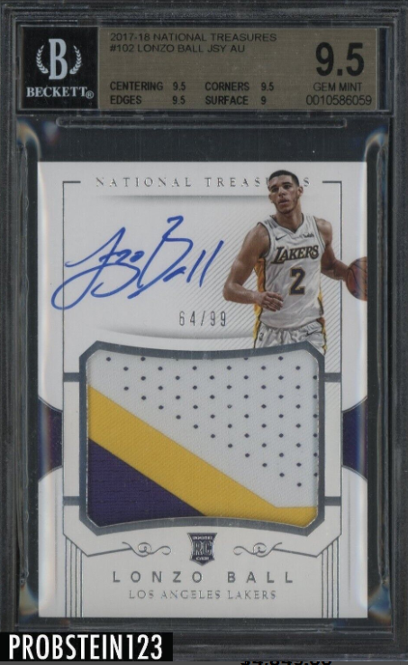 2017-18 National Treasures Lonzo Ball RPA RC 3-Color Patch /99 BGS 9.5 w 10 AUTO