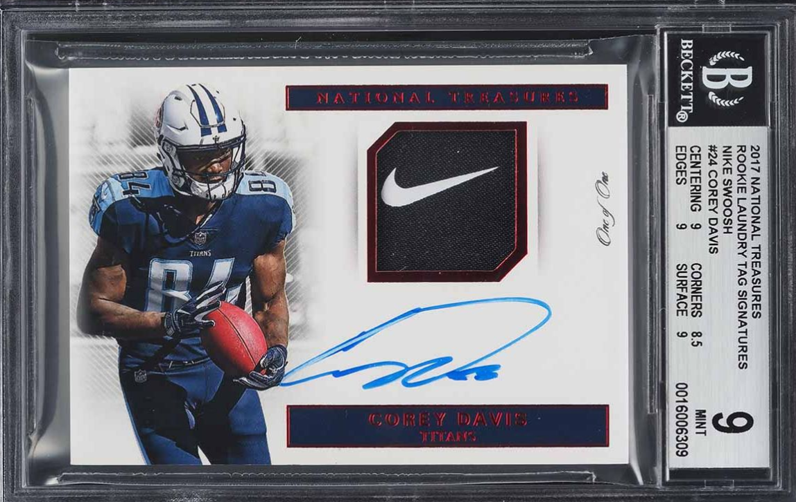 2017 National Treasures Corey Davis ROOKIE NIKE PATCH AUTO 1/1 #RG-CDV BGS 9