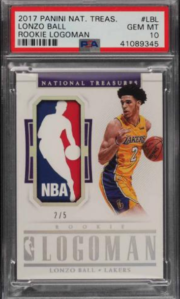 2017 National Treasures Lonzo Ball ROOKIE LOGOMAN PATCH, JRSY #2/5 PSA 10