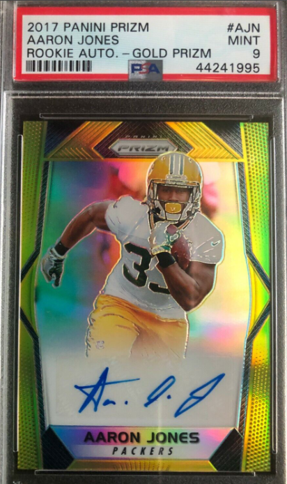 2017 Panini Prizm Aaron Jones Rookie Auto Gold Prizm 04/10 PSA 9