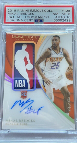 2018-19 Panini Immaculate Mikal Bridges RPA LOGOMAN RC Patch 1/1 PSA 8 Auto 10