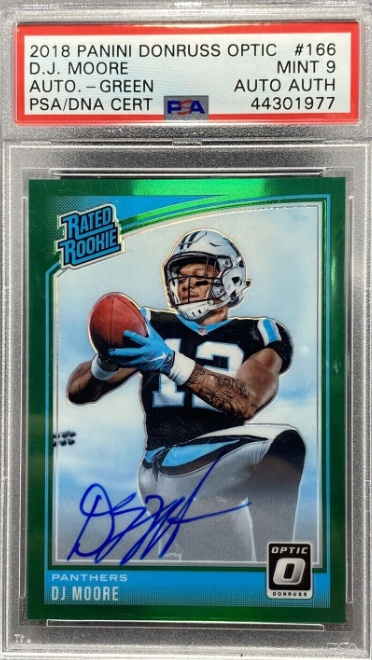 2018 Donruss Optic DJ Moore Green /5 Rated Rookie PSA Mint 9 On Card Auto.