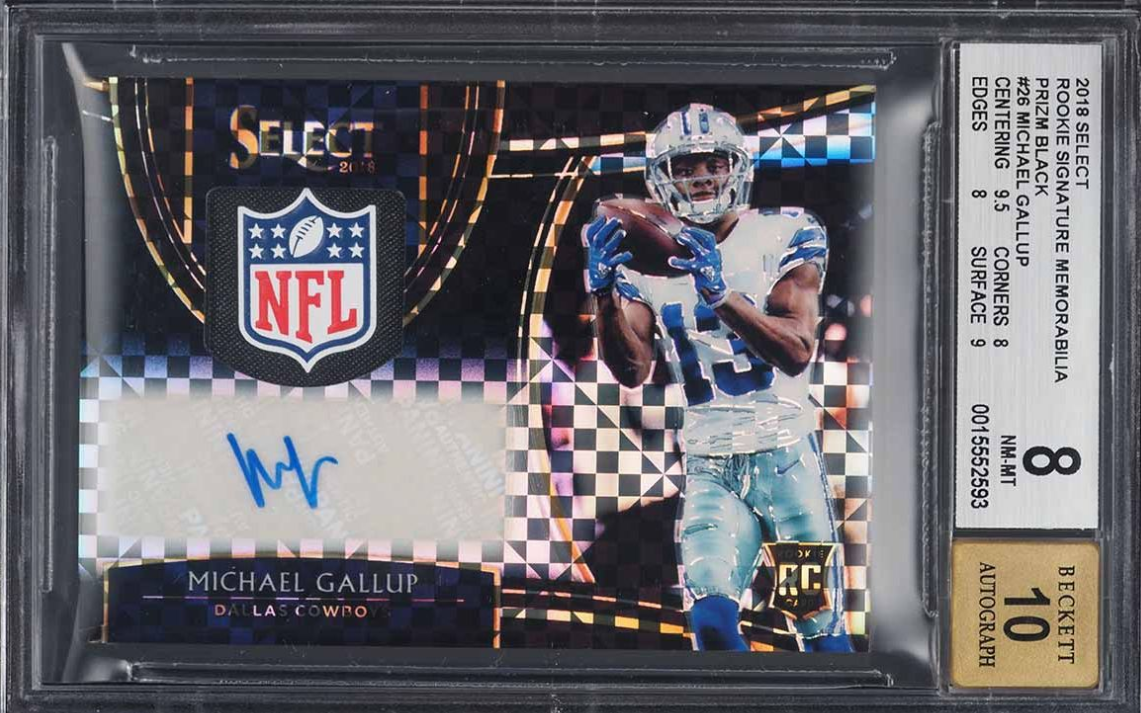 2018 Select Black Prizm Michael Gallup ROOKIE SHIELD PATCH AUTO 1/1 #RM-MG BGS 8