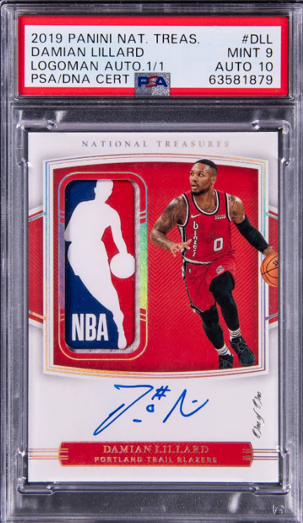 2019-20 Panini National Treasures Logoman Autographs #LA-DLL Damian Lillard Signed Patch Card