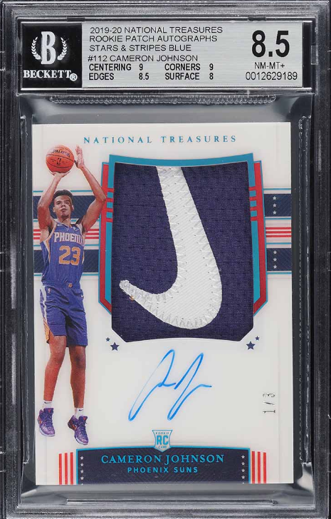 2019 National Treasures Stars Stripes Cameron Johnson RC PATCH AUTO 1/3 BGS 8.5