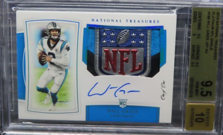 2019 National Treasures Will Grier Platinum NFL Shield Patch Auto RC 1/1 BGS 9.5