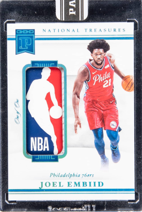 2020 Panini National Treasures Blockchain Logoman Joel Embiid Game Patch Card (#1/1)