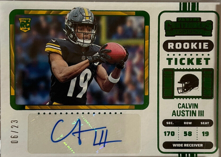 2022 Panini Contenders Calvin Austin III Rookie Ticket Auto Variation Green /23