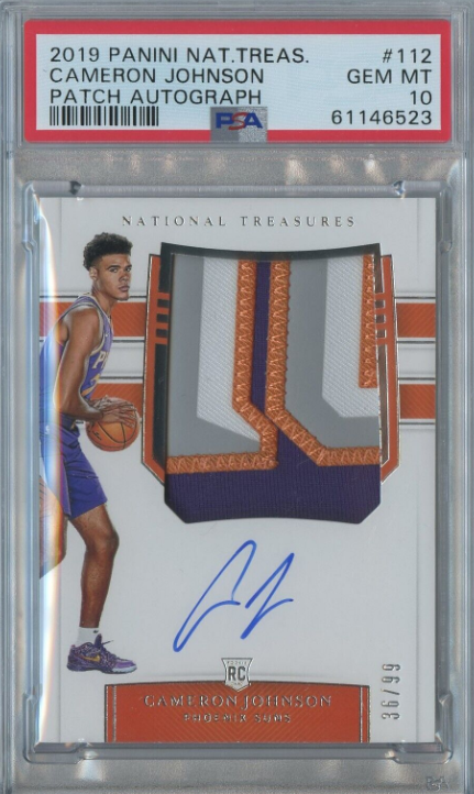 Cameron Johnson 2019 20 National Treasures #112 RC Rookie Patch Auto /99 PSA 10