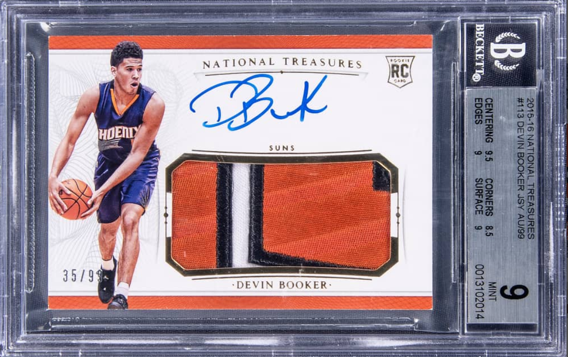 2015-16 Panini National Treasures Jersey Autographs Devin Booker Signed Patch Rookie Card