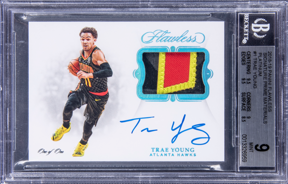 2018 Panini Flawless Signature Prime Materials Platinum Trae Young Signed Rookie Patch Card