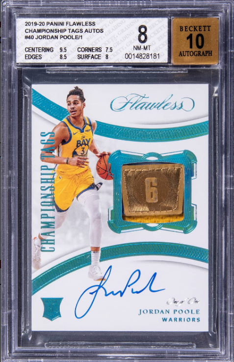 2019-20 Panini Flawless Championship Tags Autographs Jordan Poole Signed Patch Rookie Card 