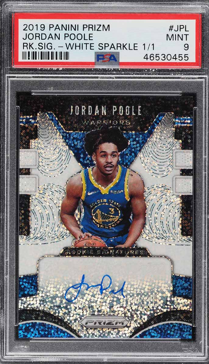 2019 Panini Prizm Signatures White Sparkle Jordan Poole Rookie Auto 1/1