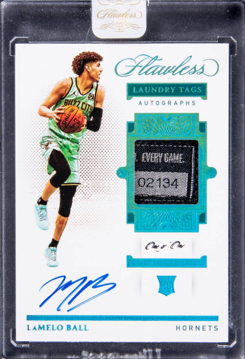 2020-21 Panini Flawless Laundry Tag Autographs LaMelo Ball Signed Game Used Laundry Tag Patch Rookie Card 