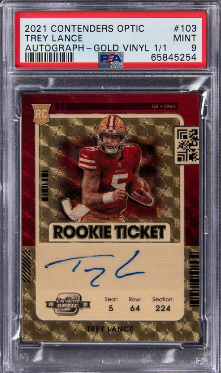 2021 Panini Contenders Optic Rookie Ticket Autograph Gold Vinyl Prizm Trey Lance Signed Rookie Card