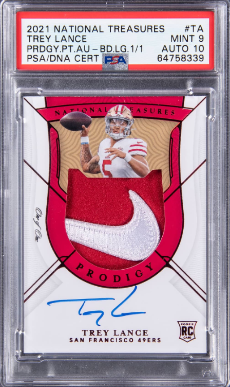 2021 Panini National Treasures Prodigy Patch Autographs Trey Lance Signed Nike Logo Patch Rookie Card