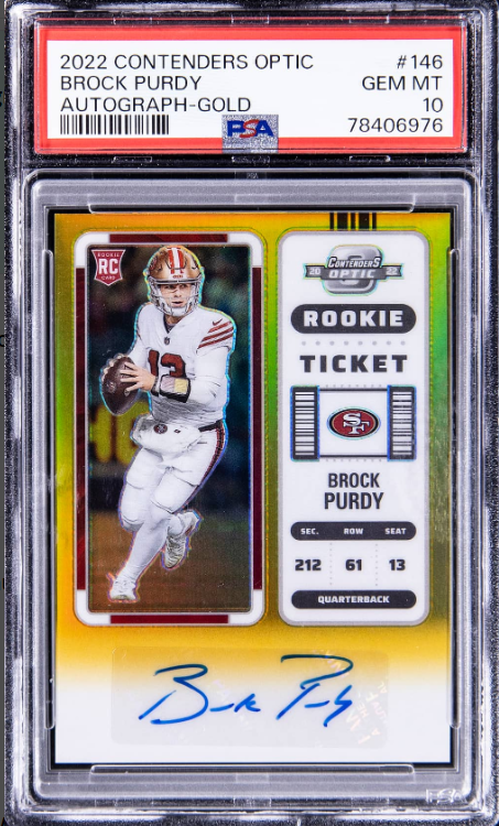 2022 Panini Contenders Optic Rookie Ticket Autograph Gold Brock Purdy Signed Rookie Card