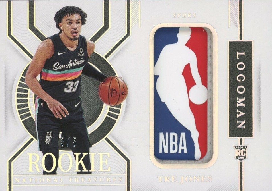 2020-21 National Treasures Tre Jones RC Rookie NBA LOGOMAN Patch Spurs