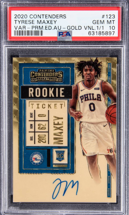 2020-21 Panini Contenders Variation Premium Edition Rookie Ticket Autograph Gold Vinyl Tyrese Maxey Signed Rookie Card 