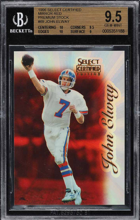 1996 Select Certified Mirror Red Premium Stock John Elway Rookie Card