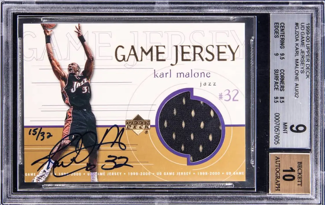 1999-00 Upper Deck Game Jersey Karl Malone Signed Game-Used Relic Card