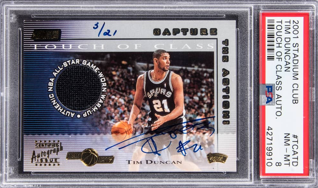 11 Most Valuable Tim Duncan Basketball Cards   2001 02 Topps Stadium Club Touch Of Class Autograph Tim Duncan Signed Relic Card 