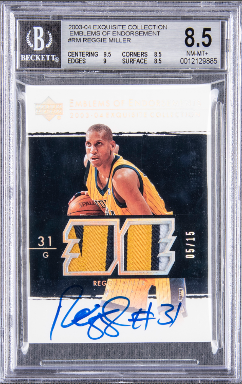 2003-04 UD Exquisite Collection Emblems of Endorsement Reggie Miller Signed Card 