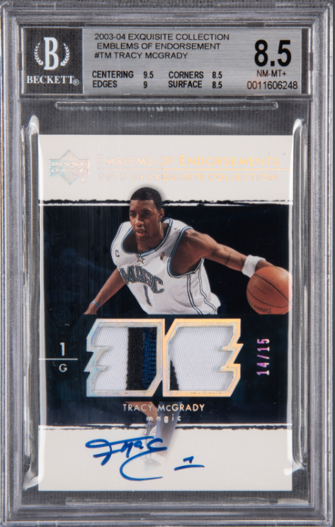 2003-04 UD Exquisite Collection Emblems of Endorsement Tracy McGrady Signed Card